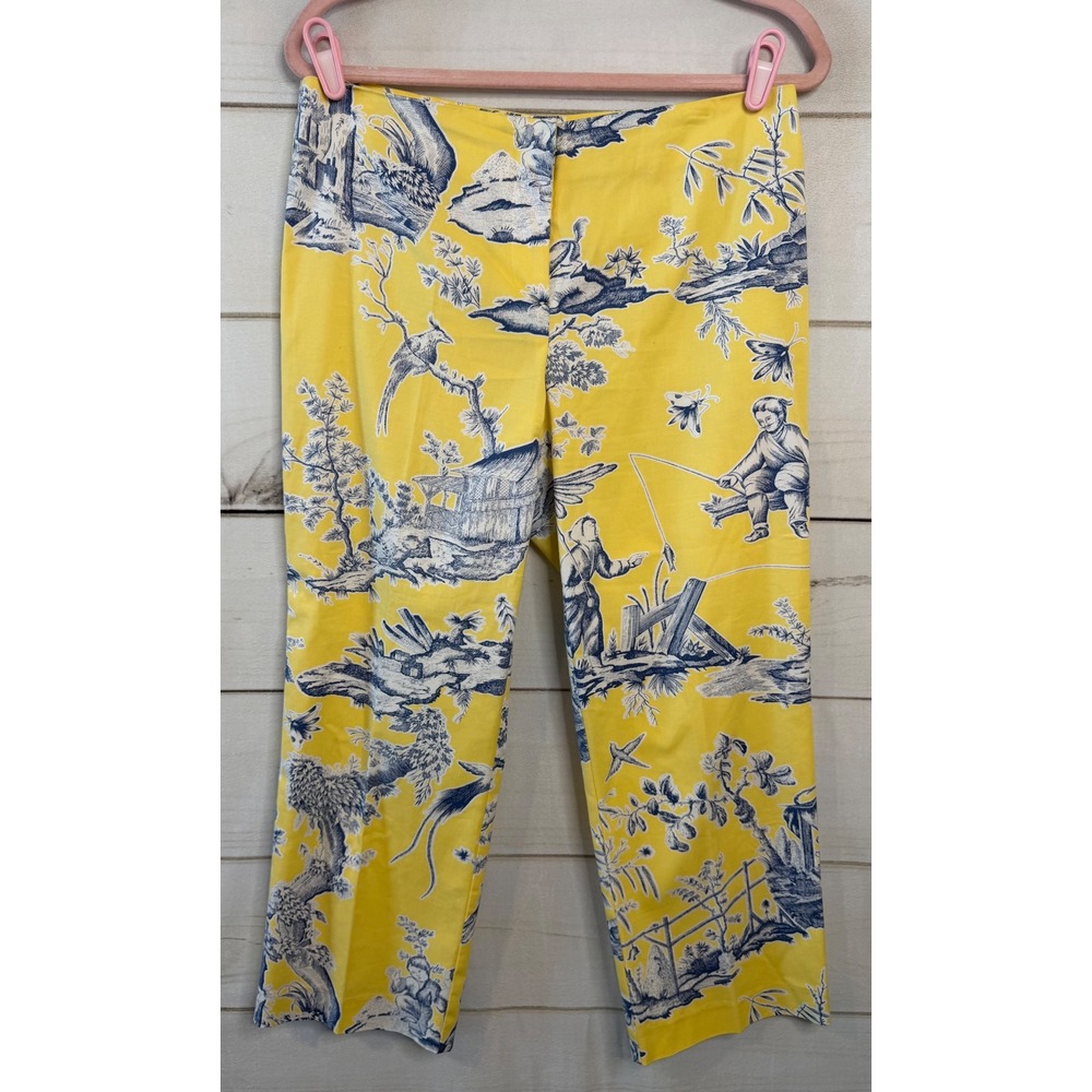 Liquid Women Yellow Blue Toile De Jouy Print Ankle Pants Size 8 Style 22396